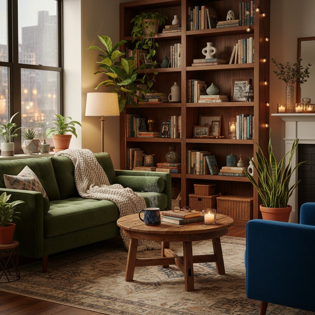 En hyggelig stue med en mørkegrøn sofa, et rundt træbord med en kop kaffe og bøger, en stor reol fyldt med bøger samt planter i vindueskarmen og på gulvet.
